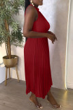 Rose Red Casual Solid Hollowed Out Asymmetrical O Neck Pleated Dresses