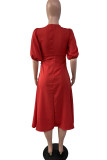 Blue Casual Solid Patchwork O Neck Short Sleeve Dress