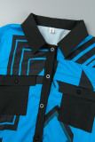 ブルー エレガントな幾何学的なポケット バックル フラウンス ターンダウン カラー シャツ ドレス ドレス