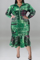 グリーン カジュアル プリント パッチワーク ターンダウン カラー ロング スリーブ プラス サイズ ドレス