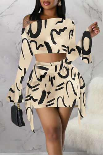 Champagne Sexy Street Print Patchwork Patch One Shoulder Long Sleeve Two Pieces