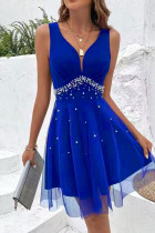 Blaue sexy Party-formale Patchwork-Perlen-Kleider mit V-Ausschnitt und ärmellosem Kleid