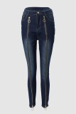 Tiefblaue, legere, lässige Patchwork-Jeans mit Reißverschluss und hoher Taille