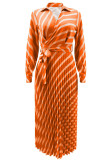 Orange Casual Print Frenulum Turndown-krage långärmade klänningar