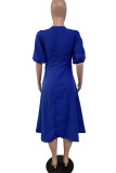 Blue Casual Solid Patchwork O Neck Short Sleeve Dress