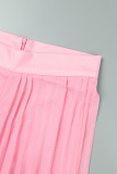 Zweiteiliges, langärmliges, rosafarbenes Patchwork-Zweiteiler mit V-Ausschnitt und elegantem Print