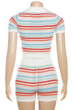 Blanc Sweet Street Striped Patchwork Buckle Contrast Turndown Collar Short Sleeve Two Pieces Blanc