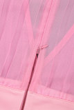 Zweiteiliges, langärmliges, rosafarbenes Patchwork-Zweiteiler mit V-Ausschnitt und elegantem Print