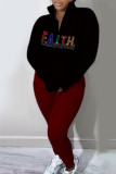Black Red Casual Street Sportswear Letter Patchwork Printing Mandarin Collar Plus Size Two Pieces