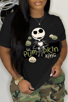 Zwarte casual T-shirts met schedelkopprint en O-hals