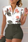 Orange Casual Floral Print Patchwork V Neck Sleeveless Two Pieces Blouse Tops And Short Set(without jacket With Belt)