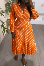オレンジ カジュアル プリント 小帯 ターンダウン カラー 長袖 ドレス