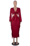 Rose Red Casual Solid Tassel Bandage V Neck Long Sleeve Two Pieces