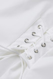 Abito camicia casual bianco con fasciatura solida, patchwork, fibbia, colletto con risvolto, abiti taglie forti