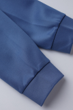 Azul Royal Casual Vintage Estampa Patchwork Letra O Neck Tops