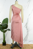 Розовые повседневные однотонные длинные платья с открытой спиной и плиссированным косым воротником