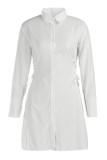 Белое повседневное однотонное бандажное лоскутное платье-рубашка с отложным воротником и пряжкой Платья больших размеров