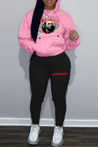 Pink Casual Figure Print Long Sleeve Pocket Hooded Collar Sweatshirt And Draw String Pants Sportwear Plus Size Two Piece Jogger Set