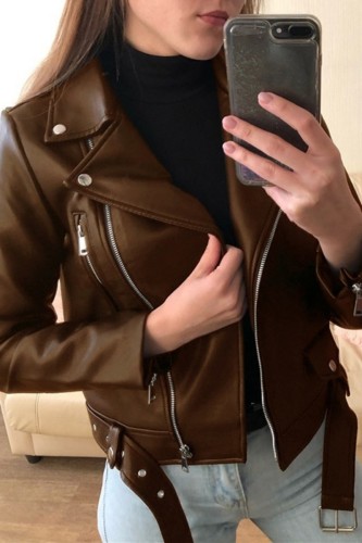 Prendas de abrigo casual cárdigan de patchwork liso con cuello vuelto marrón
