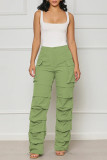 Matcha verde rua sólido retalhos draw string bolso dobra regular cintura média reta cor sólida bottoms