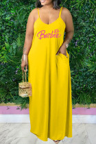 Geel sexy casual letterprint backless spaghettiband lange jurk plus size jurken