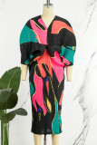 Robes de jupe crayon vertes à imprimé patchwork et col en V