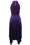 Purple Casual Solid Hollowed Out Asymmetrical O Neck Pleated Dresses