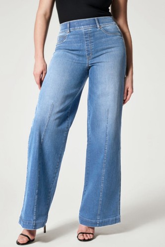 Jeans in denim regolari a vita alta patchwork solido quotidiano blu chiaro