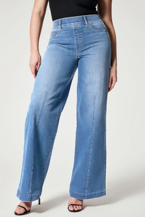 Jeans in denim regolari a vita alta patchwork solido quotidiano blu chiaro