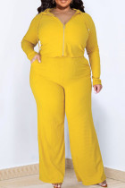 Yellow Casual Solid Patchwork Hooded Collar Plus Size Three Piece Set
