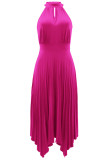 Purple Casual Solid Hollowed Out Asymmetrical O Neck Pleated Dresses