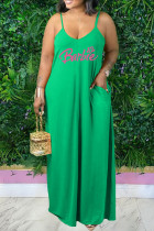 Groene sexy casual letterprint backless spaghettiband lange jurk plus size jurken