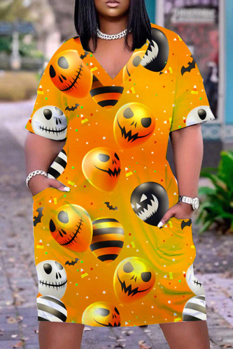 Orange Halloween Casual Graphics Print Basic V Neck Short Sleeve Loose Pockets Midi T-Shirt Dress