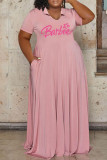 Pink Casual Letter Print Basic V Neck Short Sleeve Dress Plus Size Dresses