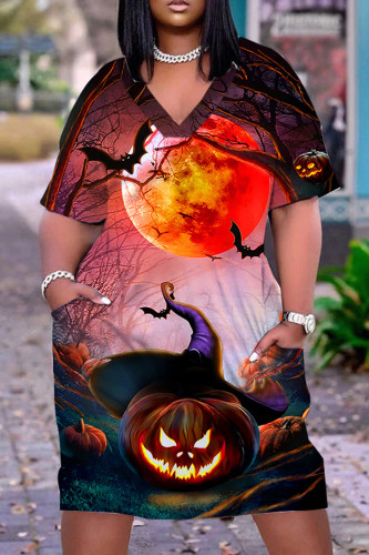 Multicolor Halloween Casual Graphics Print Basic V Neck Short Sleeve Loose Pockets Midi T-Shirt Dress