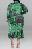グリーン カジュアル プリント パッチワーク ターンダウン カラー ロング スリーブ プラス サイズ ドレス