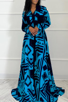 ブルー エレガントな幾何学的なポケット バックル フラウンス ターンダウン カラー シャツ ドレス ドレス