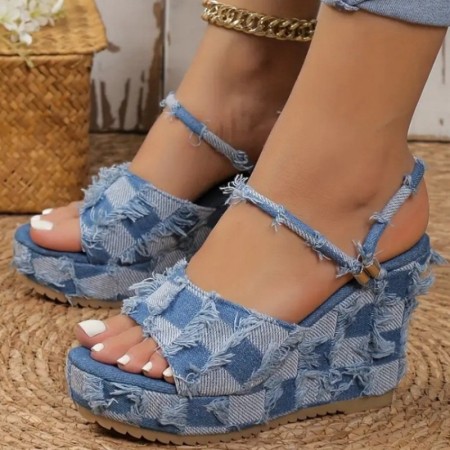 Light Blue Casual Patchwork Fish Mouth Out Door Wedges Shoes