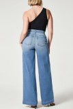 Marineblauwe casual dagelijkse effen patchwork normale denim jeans met hoge taille