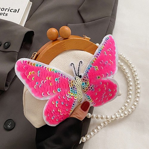 ピンク カジュアル パッチワーク バタフライ スパンコール パール バッグ