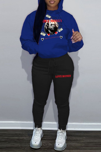 Blue Casual Figure Print Long Sleeve Pocket Hooded Collar Sweatshirt And Draw String Pants Sportwear Plus Size Two Piece Jogger Set