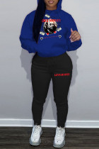 Blå Casual Street Sportkläder Figur Patchwork Drag String Ficka Kontrast Huva Krage Plus Size Två delar