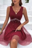 Пурпурно-красное сексуальное вечернее платье в стиле пэчворк с V-образным вырезом без рукавов и бисером