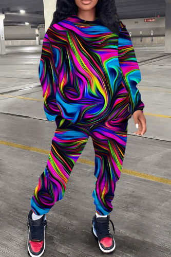 Multicolor Casual Print Basic O Neck Long Sleeve Two Pieces