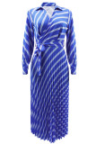 Blue Casual Print Frenulum Turndown Collar Long Sleeve Dresses