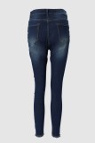 Deep Blue Casual Patchwork Zipper High Waist Skinny Denim Jeans