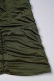 アーミーグリーン カジュアル ソリッド バックレス フォールド ストラップレス ワン ステップ スカート ドレス