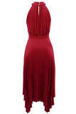 Red Casual Solid Hollowed Out Asymmetrical O Neck Pleated Dresses
