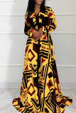 Желтое элегантное платье-рубашка с геометрическим рисунком и карманом с оборками и отложным воротником Платья-рубашки Платья