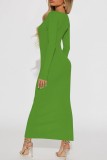 Robe longue décontractée verte, couleur unie, fente ajourée, col rond